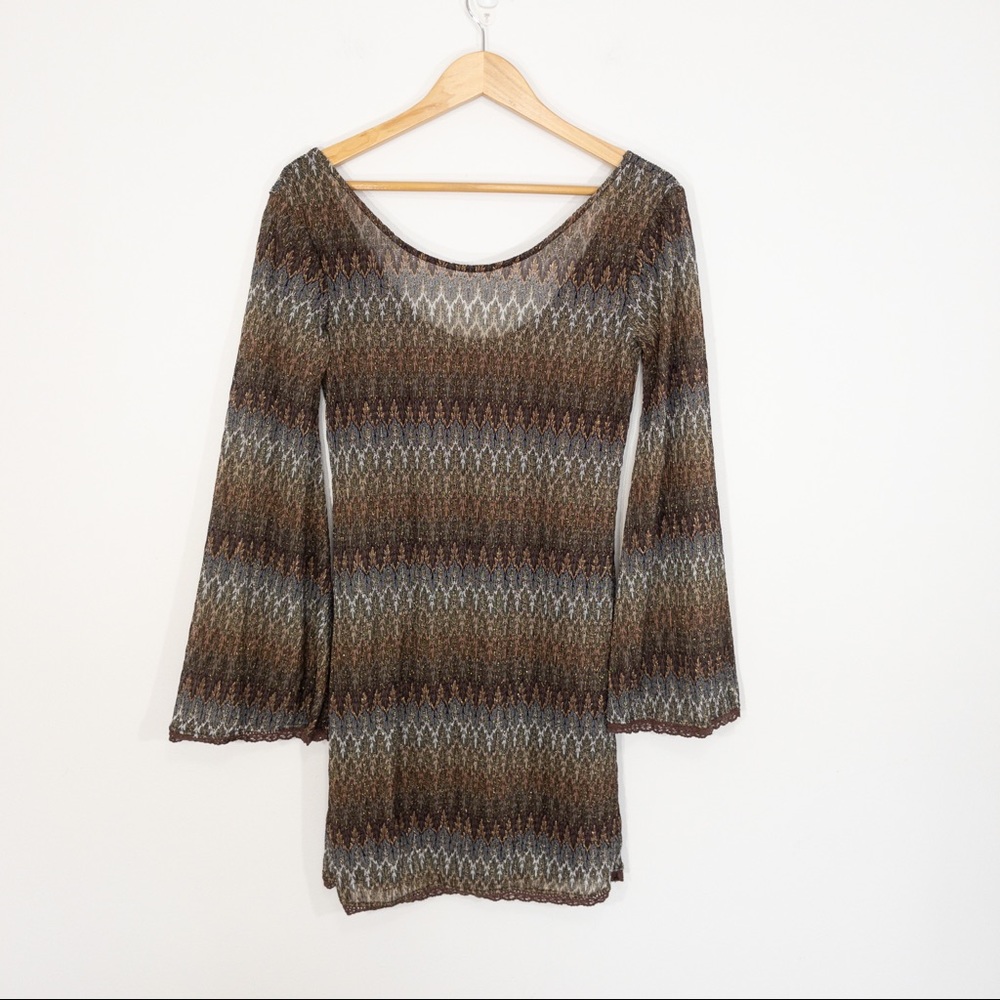 Free People Dress Flare Sleeve Mesh Brown Metallic Sz S Y2K